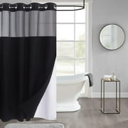 WPM No Hooks Required Black Shower Curtain with Snap-in Liner Waffle Weave Design, Hotel Grade Style Waterproof \u0026 Washable, Mesh top Window Easy Snaphook Black Bathroom 54 inch wide x 80 inch long